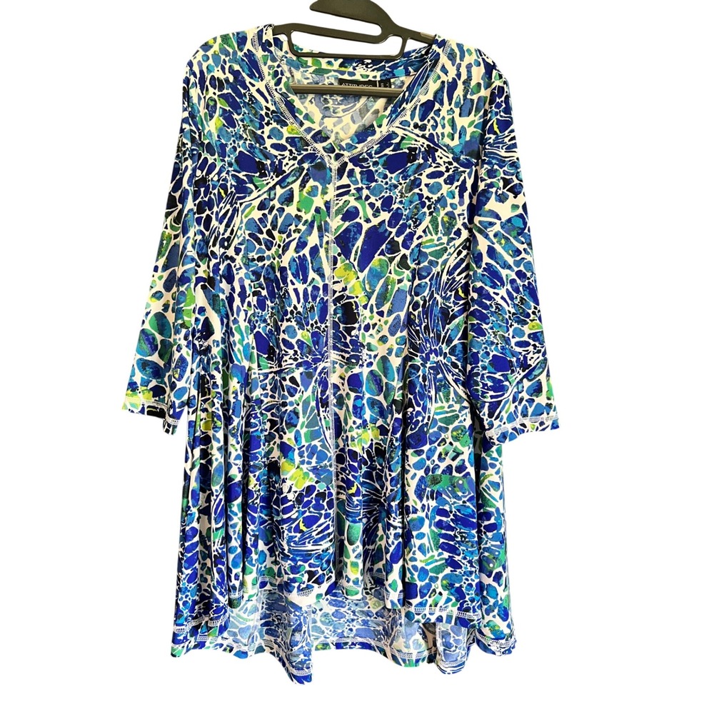 Attitudes by Renee Blue Green Mosaic Print V-Neck Tunic Top 3/4 Sleeve Large